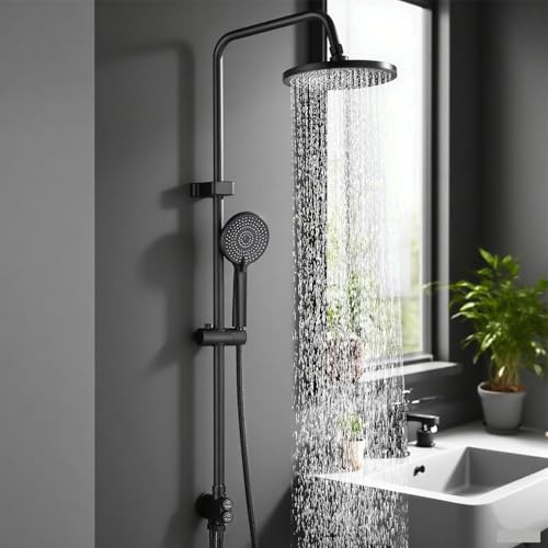 HUAHOMDY Système de douche sans robinetterie noir réglable en hauteur - Pommeau de douche rond à effet pluie et 3 types de jet - Colonne de douche pour douche