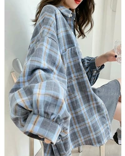 ZBDP Chemise à Carreaux pour Femme, Tendance coréenne, surdimensionnée, Style Harajuku, Manches Longues, Chic, Jaune