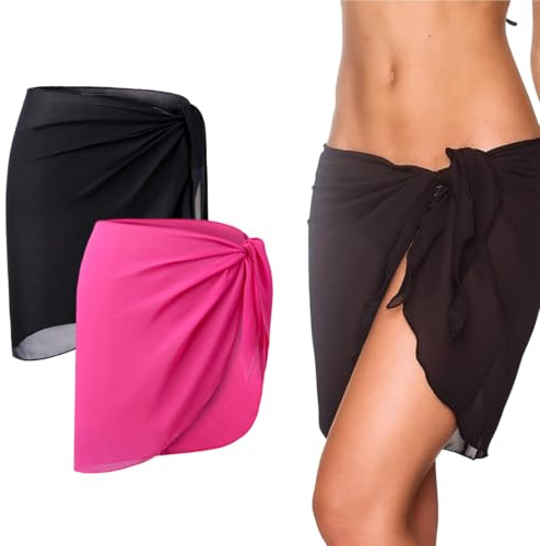 WUSJCOF 2 Pièces Paréo Femme Plage, Mousseline Wrap de Plage, Sarong Cache-Maillot et Jupe de Bain Femme, Couverture de Bikini, Jupes Wrap Beachwear Semi Transparent pour Maillot de Bain (Noir, Rose)