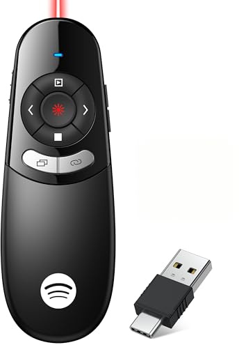 Presentador USB C, Bluetooth y inalámbrico de 2,4 GHz – dos tipos de conexión para presentador PowerPoint, luz roja para presentaciones PowerPoint/Keynote/Google Slides