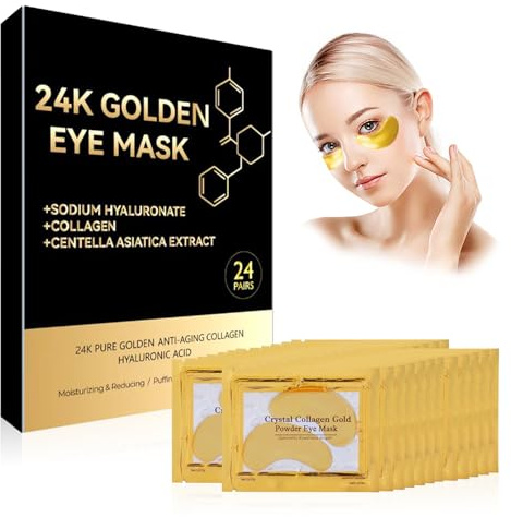 Parches Ojos Bolsas y Ojeras, 24K Gold Parches Ojos, Antiojeras Mujer, 24 Pares Parches Oculares Dorados Antiarrugas - Reducción de Ojeras y Líneas de Expresión