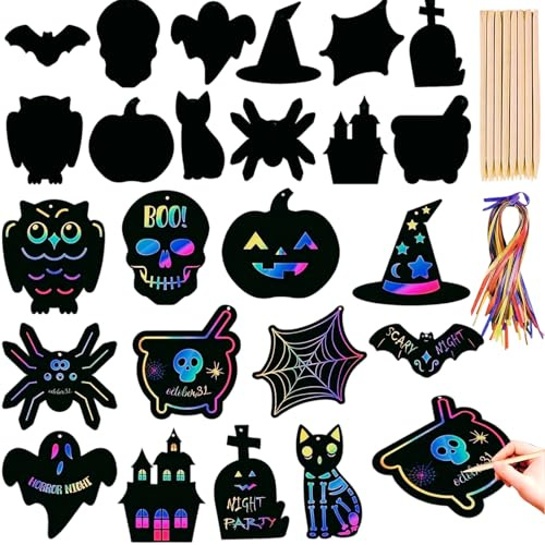 ZexJpr Halloween Basteln Kratzbilder Für, 60 Stück Set Mit 24 Lesezeichen, 24 Bändern Und 12 Bambusstiften, Familienaktivitäten Und Kreative Dekoration, Halloween Basteln