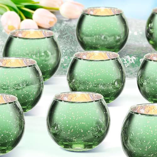 24 Stück Glas Grün Teelichthalter, Kleine Runde Windlichter, 5 x 5.5 cm Runde Votive Kerze Kerzenhalter Votivgläser für Hochzeit Tischdeko Geburtstag Kirche Partys Dekorationen
