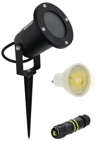 Masterled [Garantie européenne Projecteur LED Extérieur IP65 pour Jardin, Allée, Terrasse – Ampoule GU10 Chaude Incluse, Connecteur de Sécurité IP68, Étanche, Classe Énergétique A++ (1)