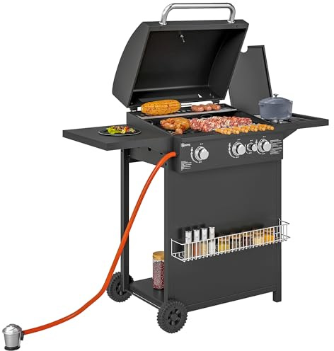 Outsunny Barbacoa de Gas BBQ Gas con 3+1 Quemadores 8,5 kW Barbacoa Portátil con Mesa Lateral Parrilla Termómetro 2 Ruedas Recogedor de Grasa para Exterior Jardín Camping Negro