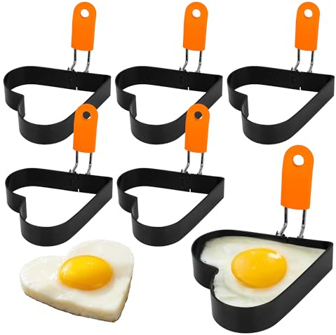 YKUKIZEE 6Pcs Non Stick Egg Ring for Frying Heart, Stainless Steel Egg Mold | for Pancake Mini Burger, 9.5x8.5 cm, Fried Egg Circles
