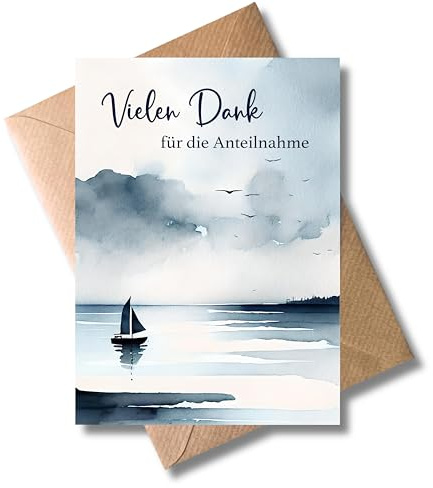 WBdesignz 10er Set Trauer Dankeskarten mit Umschlägen - „Vielen Dank für die Anteilnahme“ - Aquarell-Design mit Segelboot. Meer & Vögeln - Beileidskarten Seebestattung, Beerdigung, Kondolenz (DIN A6)
