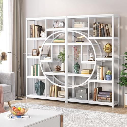 Tribesigns Bookshelf Industrial 5 Tier Etagere Bookcase, Freestanding Tall Bookshelves Display Shelf Storage Organizer with 9-Open Storage Shelf for Living Room, Bedroom (White, 2 Pack)