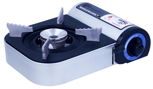 Cocina de Gas Portátil 2100W – Hornillo de Camping con Encendido Piezoeléctrico, Sistema de Seguridad Doble – Ideal para Picnic, Acampada y Emergencias (Plateado+Negro)