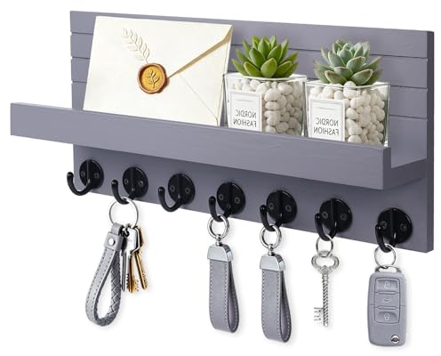 Kldgris Schlüsselbrett Holz mit Ablage Moderne Schlüsselhalter/Schlüsselboard und 7 Schlüsselhaken Schlüsselaufbewahrung für Eingang, Flur, Schlafzimmer, Wohnzimmer (Grau)