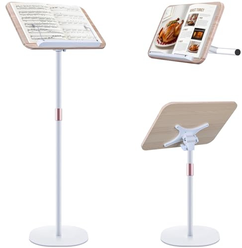 2 in 1 Verstellbarer Buchständer - Dual-Use Boden- und Tisch-Buchhalter, Höhenverstellbar 50 cm bis 130cm, Laptop-Bodenständer mit elastischen Seitenklammern für Kochbücher (Weiß)