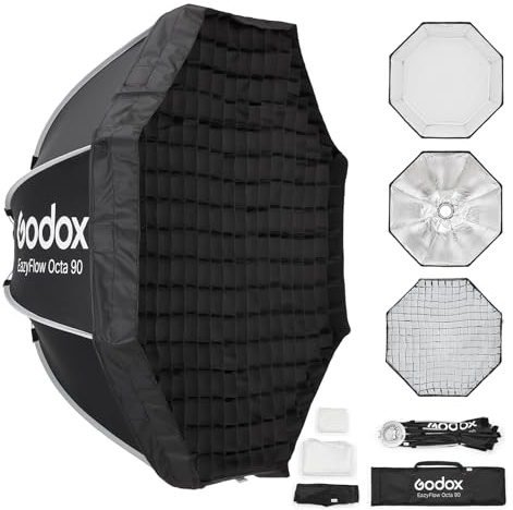 Godox EazyFlow Quick-Release Softbox, Foltbare Octabox Quick Setup, Bowens Mount Soft Box mit Diffusoren Honeycomb Grid für Studio Streaming Fotografía (Octa 90cm)