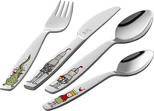 ZWILLING Ritter Eckbert Kinderbesteck-Set, 4-teilig, mit bunten Motiven, Für Kinder ab 3 Jahren, 18/10 Edelstahl, Silber
