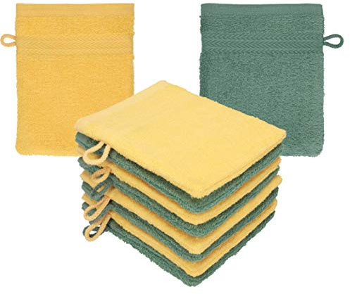 Betz 10 Stück Waschhandschuhe Premium 100% Baumwolle Waschlappen Set 16x21 cm Farbe honiggelb - tannengrün