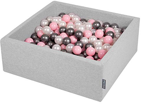 KiddyMoon Bällebad 90X30cm/300 Bälle ∅ 7Cm Bällepool Mit Bunten Bällen Für Babys Kinder Quadrat, Hellgrau:Perle/Puderrosa/Silbern