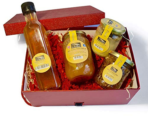 Cesta de vinagre de miel + miel para todas las flores + mostaza, nuez miel + confito de cebolla