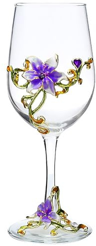 XUDREZ Handgefertigtes bemaltes Emaille-Blumen-Gin-Ballon-Glas, Weinglas, Geburtstagsgeschenke für Frauen, Mutter, Freunde, Muttertag, bleifrei (lila Lilie)