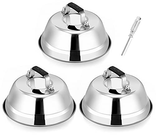 Leonyo 3PCS 6.5 Inch Heavy Duty Cheese Melting Dome, Stainless Steel Round Basting Steam Cover for Grilling Flat Top Cast Iron, Heat Resistant Handle Griddle Accessories, Dishwasher Safe