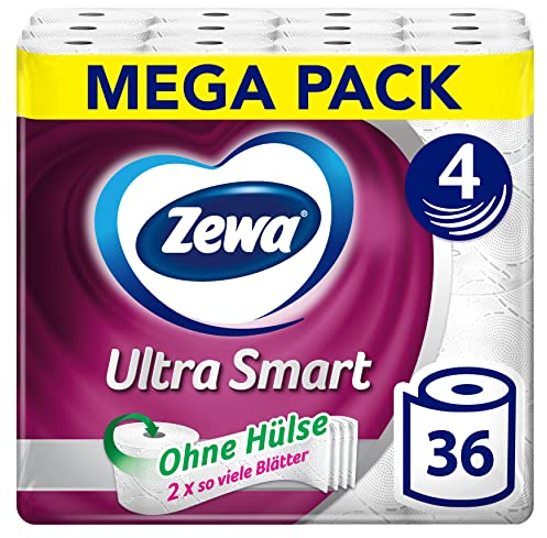 Zewa Ultra Smart Toilettenpapier Großpackung, 36 Rollen á 280 Blatt, Riesenrolle, 4-lagig, hell