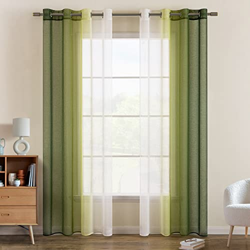 EMEMA Vorhang Zweifarbiger Vorhänge mit Ösen 2er Set Olivergrün Gardinen | Vorhang mit Ösen Transparente Polyester Ösenschal Wohnzimmer Luftig Dekoschal für Schlafzimmer B140 X H225cm