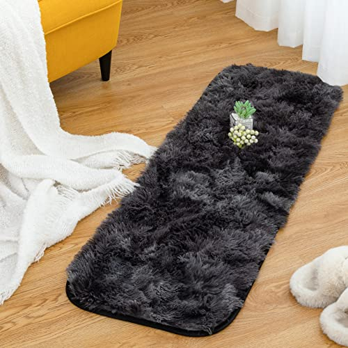 CHOSHOME Teppich Wohnzimmer Moderner Flauschiger Teppiche, Anti-Rutsch Unterseite, Waschbarer Teppich Schlafzimmer Hochflor Schlafzimmer Rutschfest Flauschig Weich Teppiche Dunkelgrau/Schwarz 40x120CM