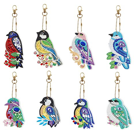 Jodsen 8 Stücke 5D Diamant Malerei-Schlüsselanhänger,Vogel Förmiger Volldiamant Kunst Kit Schlüsselring,Mosaik Diamant Handwerks Anhänger,Schlüsselbund,Kunsthandwerk,Geldbörse,Telefon,Tasche