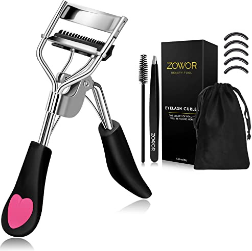 Zowor Wimpernzange mit Kamm, passend für alle Augenformen, gebogene Wimpernzange, natürliche und langlebige Wimpernzange für Frauen, Make-up-Geschenk (schwarz)