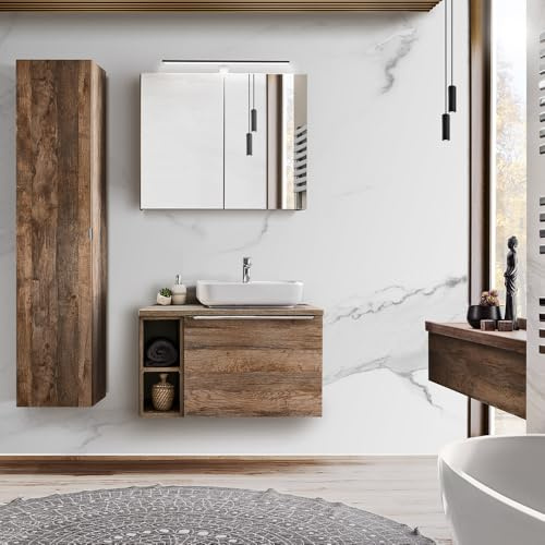 Lomadox Komplett Badezimmer Set in Vintage Oak Eiche, Keramik-Waschtisch mit Unterschrank, Regal, LED-Spiegelschrank & Hochschrank
