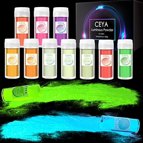 Ceya Glow Powder Set 12 Colors, 8.46oz/ 240g Glow in The Dark Pigments | Luminous Powder Resin Color Pigment, Fluorescent Pigment Dye for Epoxy Resin Slime Acrylic Paint Nail Art Party DIY Craft