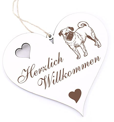 Herzlich Willkommen Schild - Mops - Deko Herz Holz Willkommensschild Türschild Dekoschild Türdeko