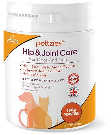 PETTZIES Hip and Joint Supplements for Dogs and Cats Health 150g - Arthritis Aid, Joint Care, Pain Relief Support for Senior, Young, Active Pets. Glucosamine, Green Lipped Mussel, Chondroitin, MSM