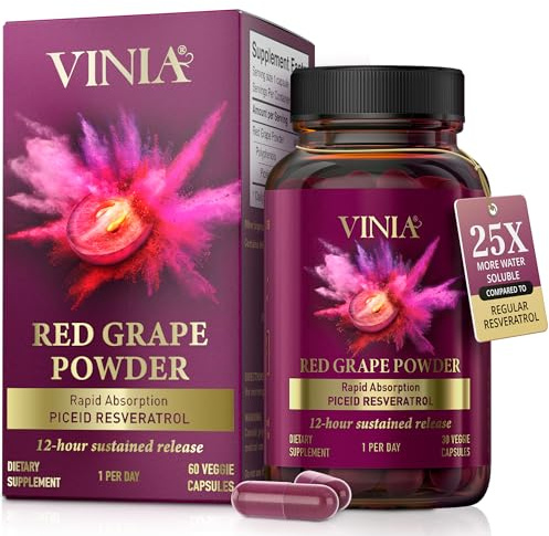 VINIA Piceid Resveratrol Supplement Capsules. Increases Blood Flow and Nitric Oxide. Blood Pressure and Heart Health Support | Antioxidant from Red Grapes | Non-GMO, 60 Count