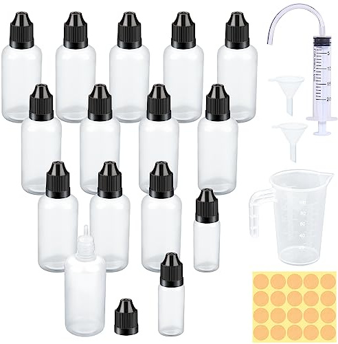 DKBT Tropfflasche 13 Stk Liquid Flaschen 50ml Leere Quetschflaschen mit 2x10ml Plastikflaschen zum Befüllen Dosierflasche mit Kindersicherung Deckel Gratis Trichter Messbecher Transfer Pipette