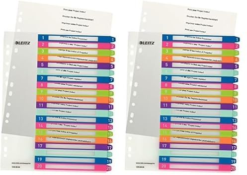 Leitz Register für A4, PC-beschriftbares Deckblatt und 20 Trennblätter, Taben mit Zahlenaufdruck 1-20, Überbreite, Mehrfarbig, Polypropylen, WOW, 12450000 (Packung mit 2)
