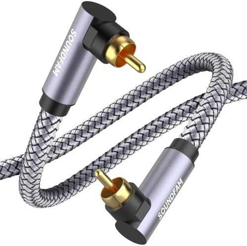 SOUNDFAM Subwoofer Cinch Kabel 8m, 90° Cinch-Stecker, 75 Ohm, 24K vergoldet | Platzsparendes Design hinter Geräten, Geflochtener Mantel, Doppelte Abschirmung, Robustes Aluminiumgehäuse