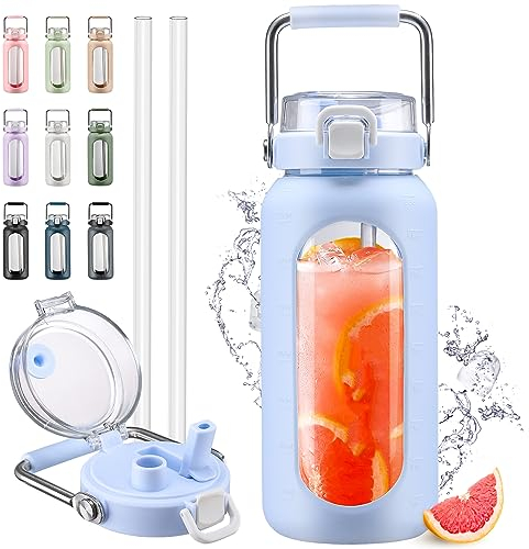 HYDRAGLAZIC 2L Bottiglia D'acqua in Vetro Con Cannuccia e Pennarello Motivazionale Bicchiere D'acqua Con Manicotto in Silicone e Coperchio Con Beccuccio largo Senza BPA Prova Diperdite, Azzurro