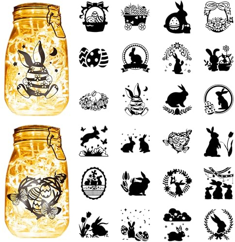 CREATCABIN 24Pcs Easter Rabbit Silhouettes Mason Jar Decor Cut Cardboard Bunny Scrapbook Cutouts Die Cuts Embellishments PVC for Crafting Lantern Jars Wall Painting Window Glass-No Sticker