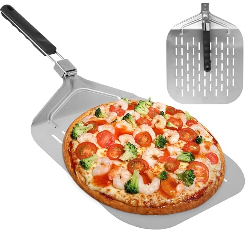 Generic uk Perforated Pizza Peel Stainless Steel Pizza Spatula with Folding Handle Rustproof Pizza Peel Paddle Non Stick Pizza Turning Peel 24.9×12.4×12.6 Inch Rectangular Pizza Paddle for Home Kitche