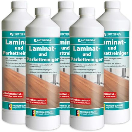 HOTREGA Laminat- & Parkettreiniger Konzentrat | 5x 1L Set | Wischpflege | Streifenfreie Reinigung für Korkböden | Rutschhemmend & Seidenmatt-Effekt | Schutz vor Feuchtigkeit & Abnutzung
