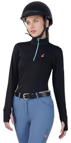 Preto Maglia termica da donna, a maniche lunghe, per atletica, abbigliamento equestre e attrezzatura per equitazione (nero/acqua), Nero/acquamarina., X-Large Di Più