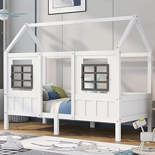 BTM Kinderbett 200x90, Jugendbett mit Schubladen und Lattenrost, Hausbett 90x200 für Jungen und Mädchen mit 2 Fenstern, Kiefernholz, Weiß