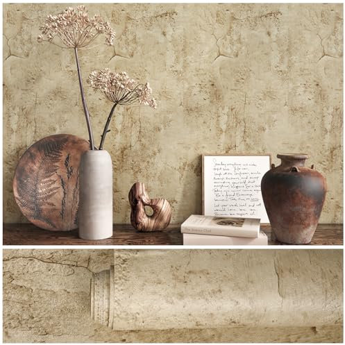 VEELIKE Papel Pintado Hormigon Beige Envejecido Papel Pintado Autoadhesivo Efecto Hormigón Vintage Beige Cemento Industrial Decoracion Habitacion Salon Baño Impermeable Extraíble 40 cm x 300 cm