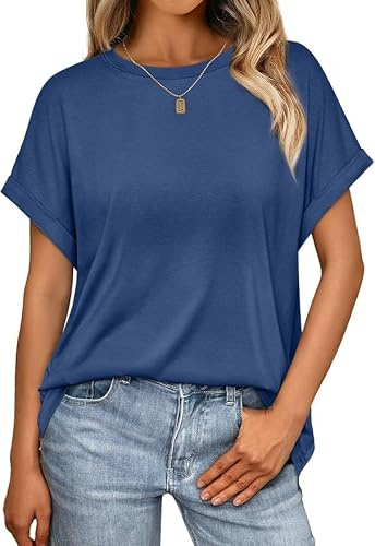 Placitiume dam casual lös passform rund hals t-shirts | Basic kortärmad sommar toppar, marinblå, XL