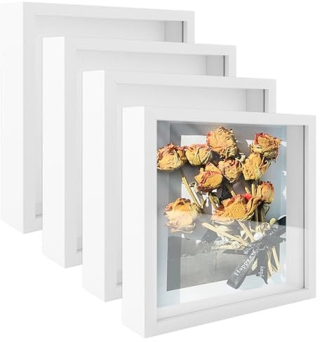 GBACHOOSE 4 Stück 3D Bilderrahmen zum Befüllen, 3D Bilderrahmen 20x20 cm, Bilderrahmen Quadratisch Weiß, Bilderrahmen Tief zum Befüllen, Bilderrahmen Befüllbar für Fotos, Hochzeitssträuße, Souvenirs