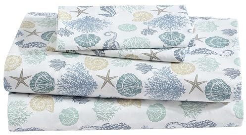 Beatrice Home Fashions Set di lenzuola in microfibra con stampa costiera, morbide, comode, con tasche profonde da 30,5 cm, per letto matrimoniale, Briella