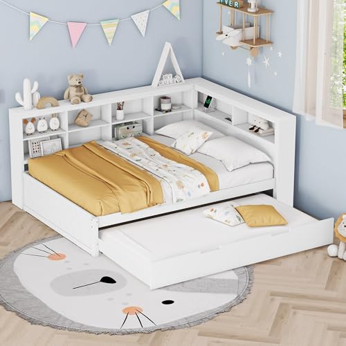 Plattformbett mit Ausziehbett 140x200cm(90x190cm), Ausziehbares Schlafsofa Tagesbett mit Bücherregal & USB Ladefunktion, Multifunktionsbett Gästebett Daybett Kinderbett Jugendbett, Ohne Matratze,Weiß