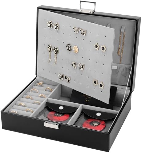 DesignSter Schmuckkästchen, Große PU Schmuckaufbewahrung für Damen Mädchen, Schmuckschatulle mit 8 kleinen Schmucktaschen, Groß Schmuckbox für Ringe, Ohrringe, Halskette, Schwarz