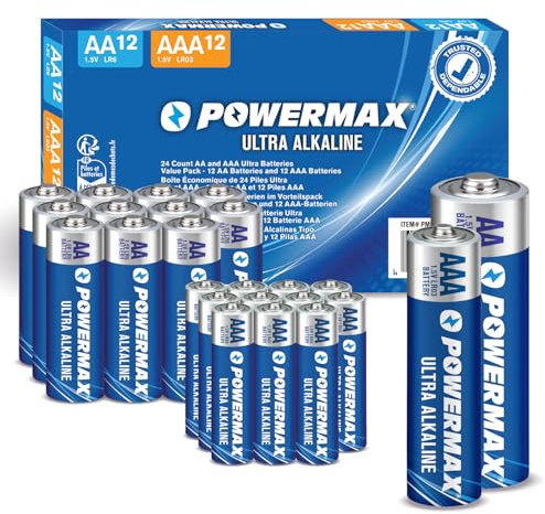 Powermax Alkaline Batteries 24-Count Combo Pack, (12 Double AA, 12 Triple AAA), Ultra Long Lasting Battery for Home and Office, 10-Year Shelf Life, Reclosable Packaging