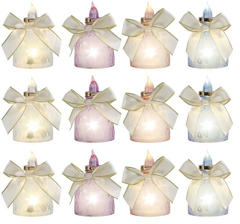 Viaik Candele a LED Senza Fiamma, Candele Flickering Senza Fiamma con Decorazione a Fiocco per Casa, Camera, Natale, Festa, Matrimonio, Compleanno (12 Pezzi)