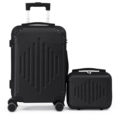 LEADZM Set de 2 Valises de Voyage avec Vanity Case, Valise Grande Taille, Valise Cabine, Set de Bagage pour Voyage, ABS avec Coins Renforcés, Rayures Verticales en Forme de Losange - Noir